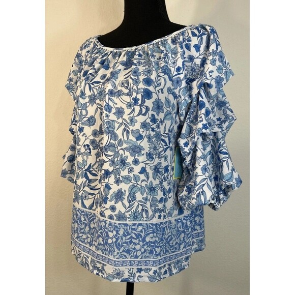 CeCe Blouse Blue and White Floral Ruffle Sleeve Blouse Size Medium (8/10) - Picture 7 of 9